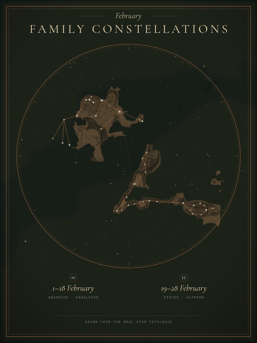 Aquarius and Pisces drawn from real stars on a Family Constellations print, design preview