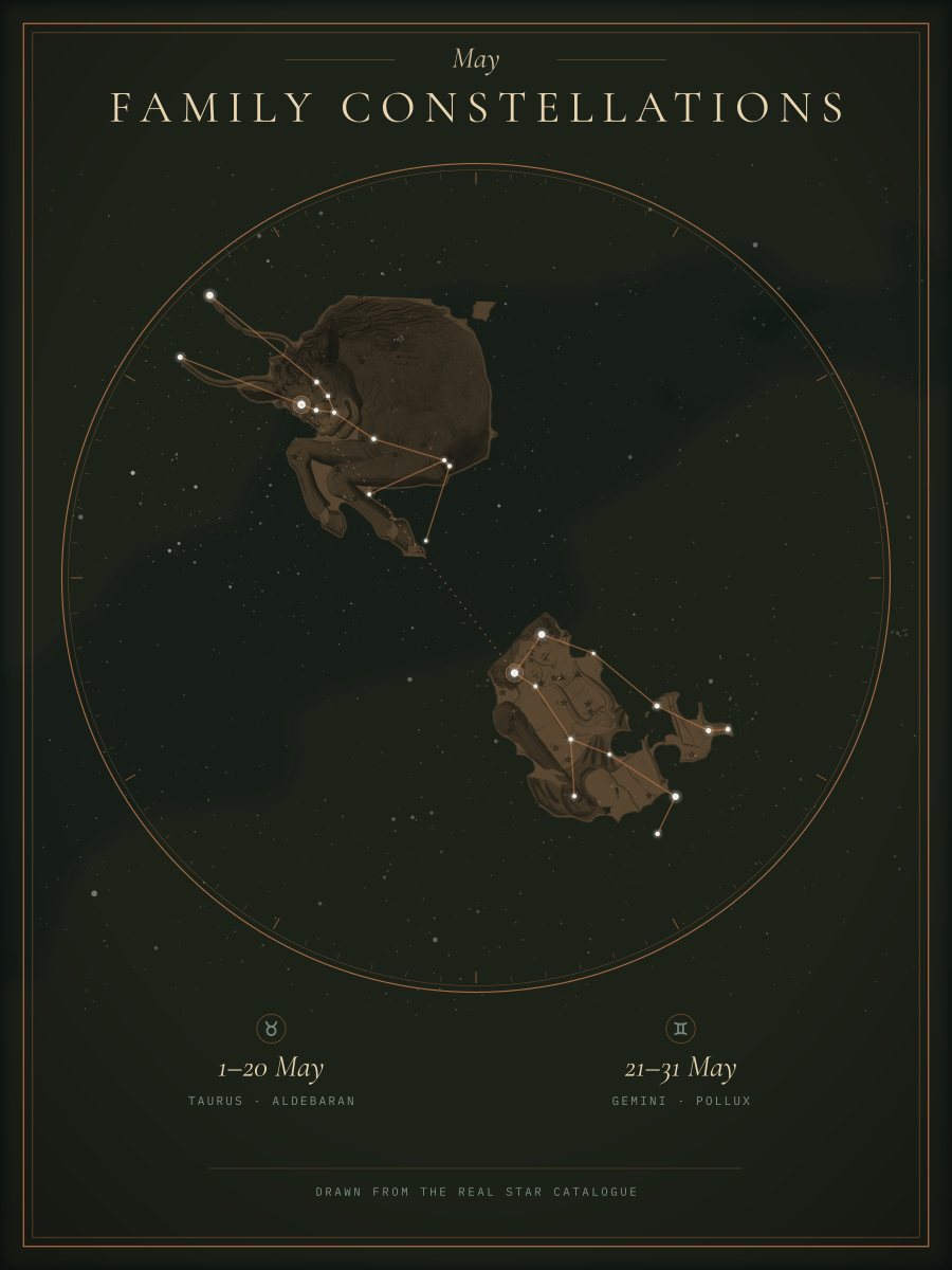 Taurus and Gemini drawn from real stars on a Family Constellations print, design preview