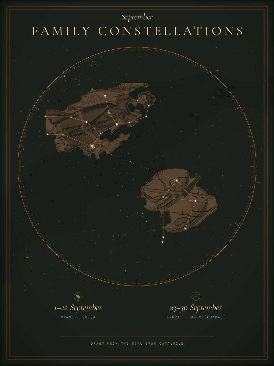 Virgo and Libra drawn from real stars on a Family Constellations print, design preview